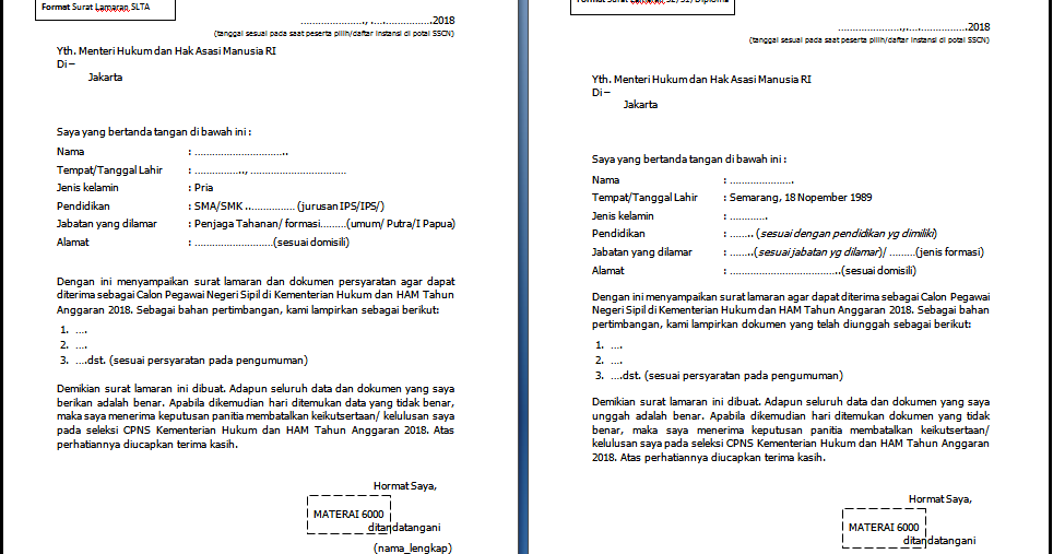 Contoh Surat Lamaran Cpns Kemenkumham 2018 Untuk Slta