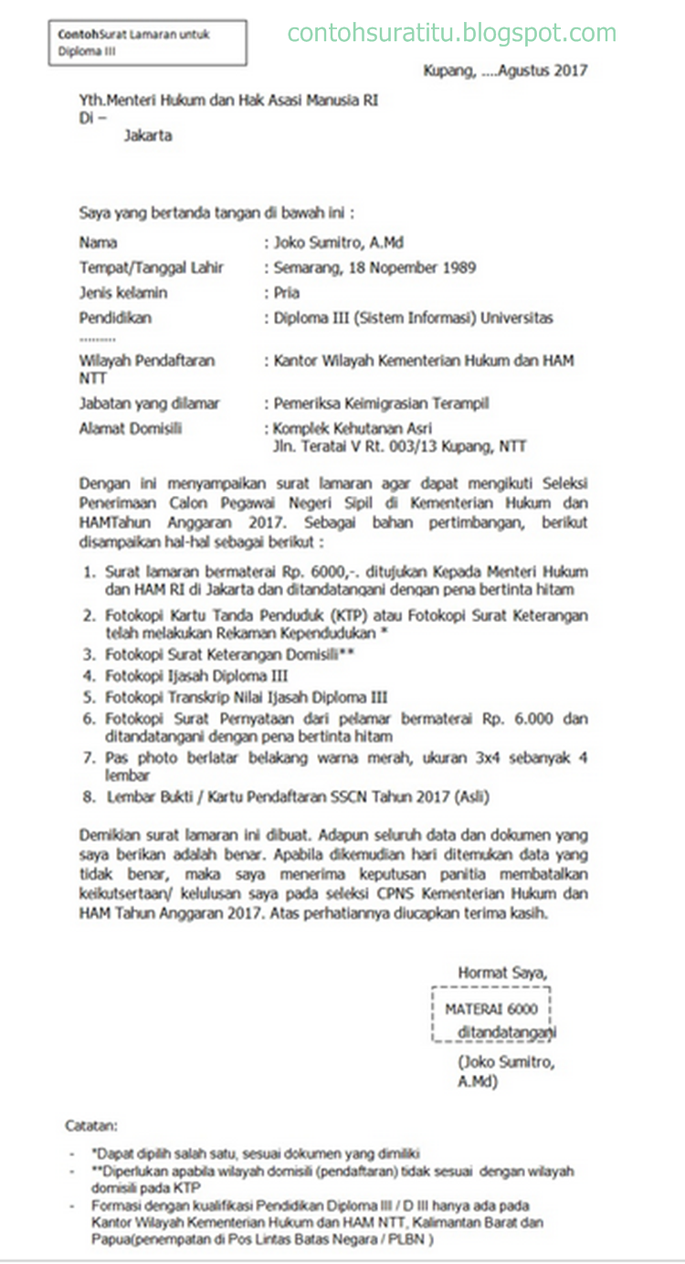 Contoh Surat Lamaran Cpns Kemenkumham 2018 Untuk Sma