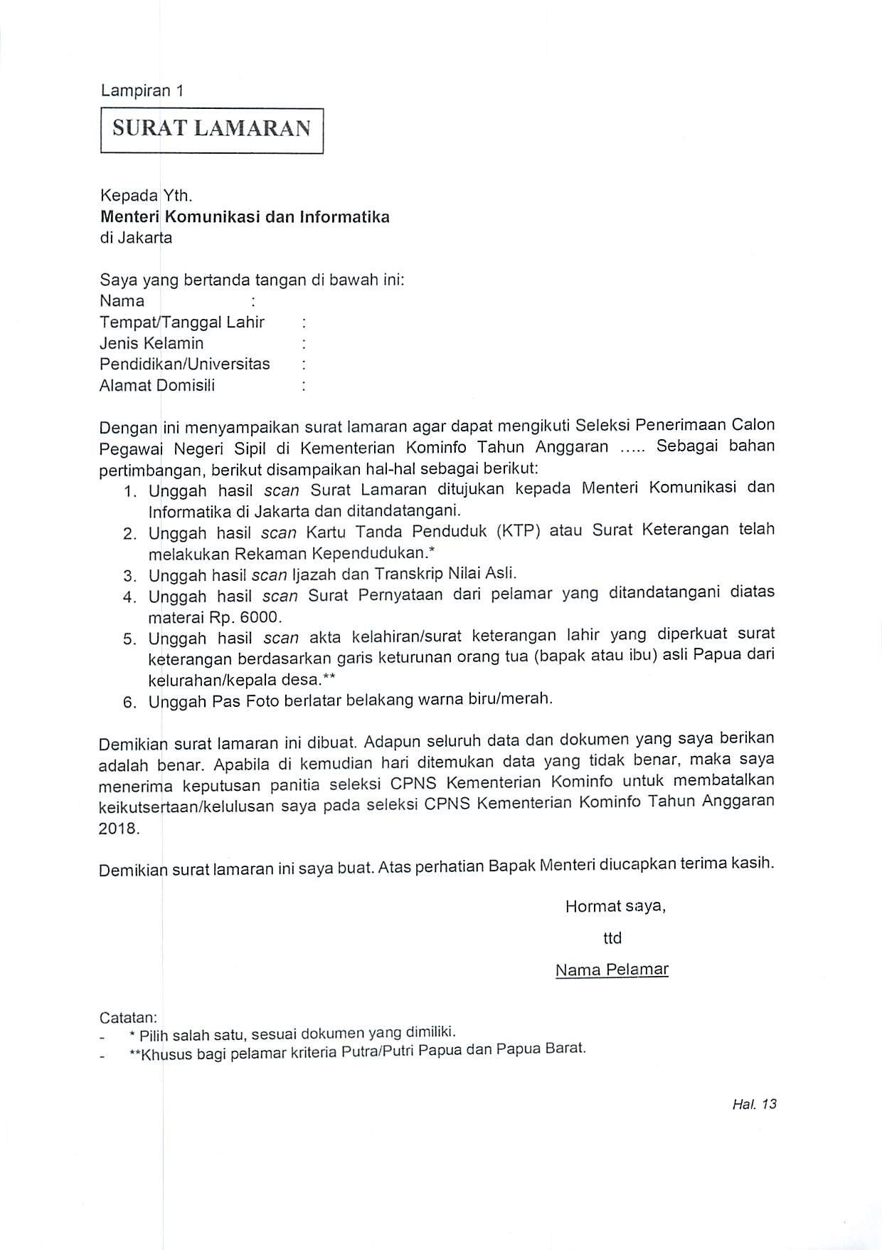 Contoh Surat Lamaran Cpns Kemnaker