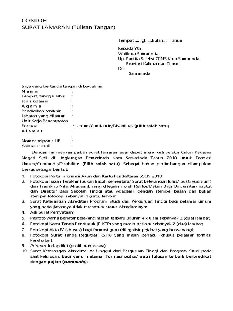 Contoh Surat Lamaran Cpns Kepada Wakilm Walikota