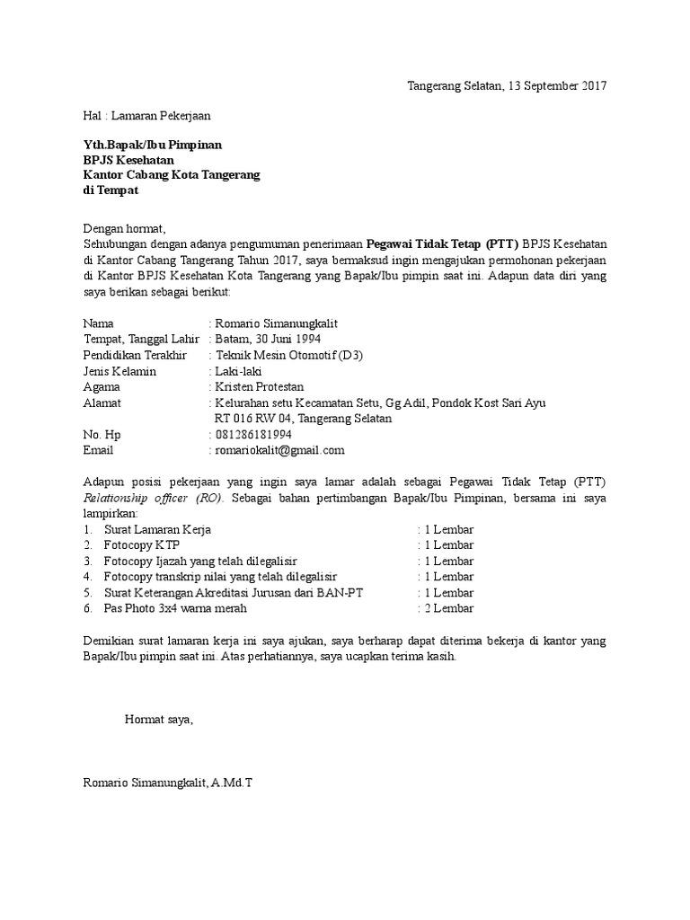 Contoh Surat Lamaran Cpns Kota Metro 2019