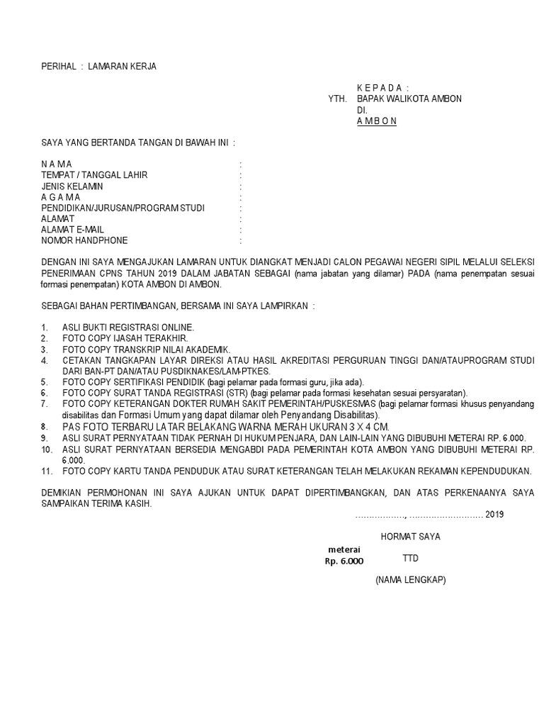 Contoh Surat Lamaran Cpns Pemerintah Kota Ambon 2019