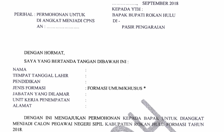 Contoh Surat Lamaran Cpns Pemerintah Kota Pekanbaru 2019