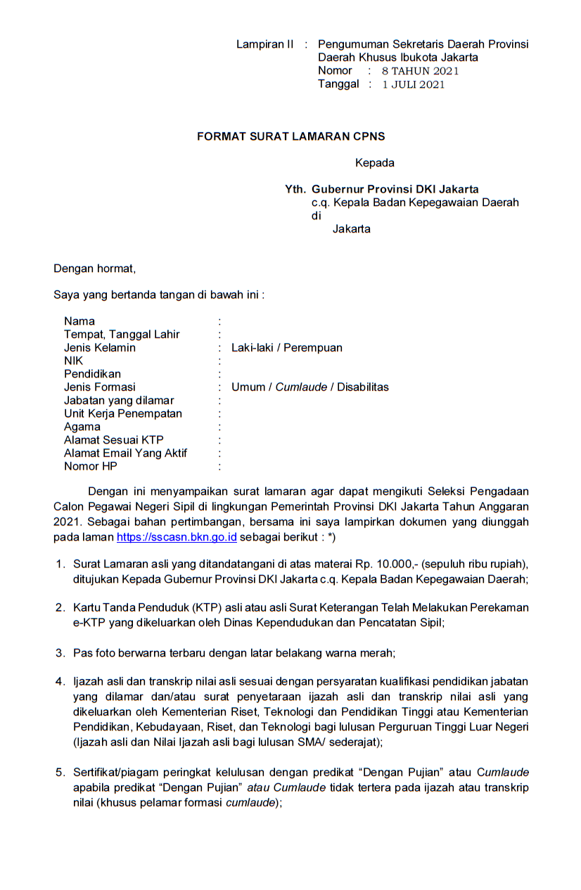 Contoh Surat Lamaran Cpns Pemerintah
