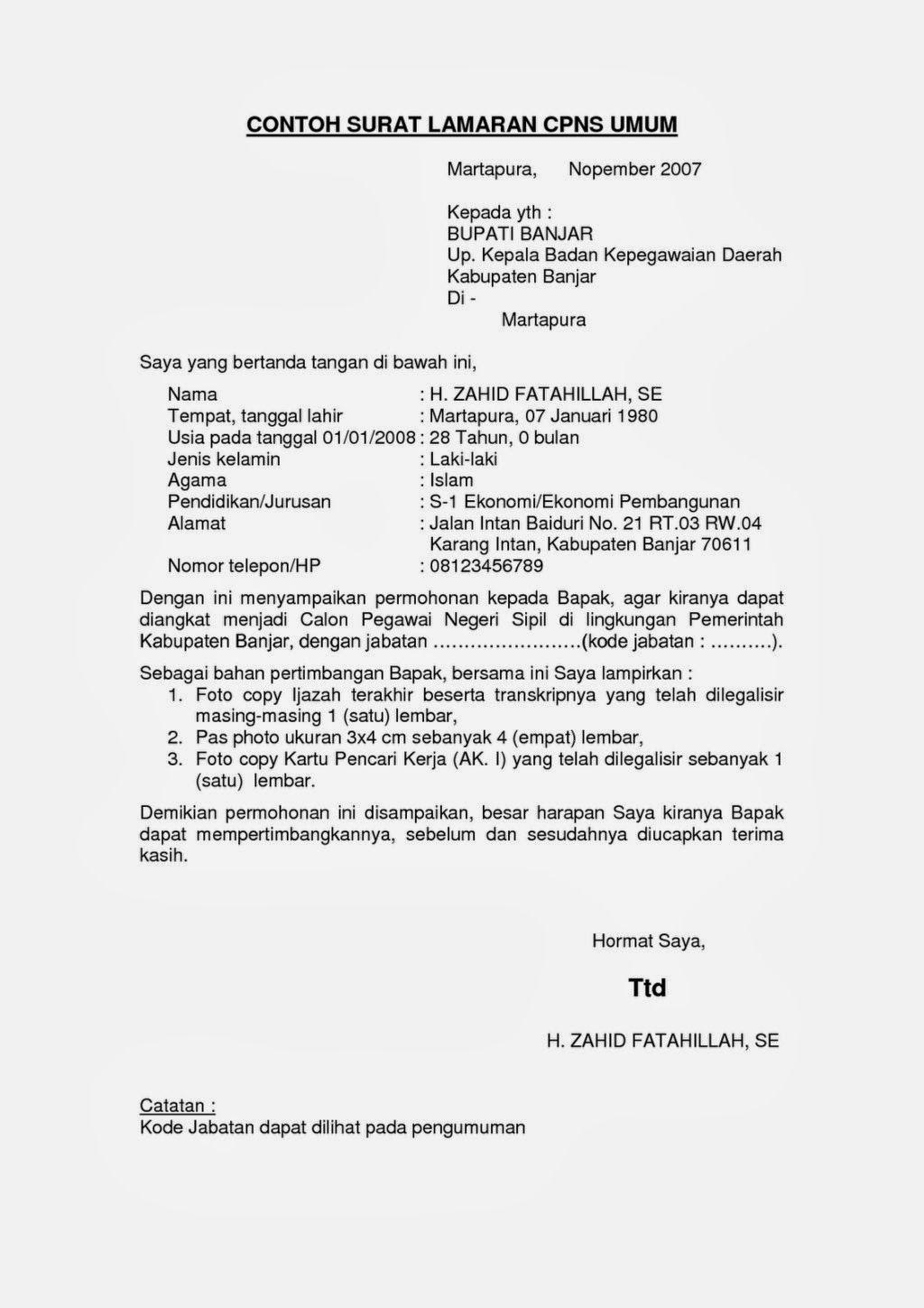 Contoh Surat Lamaran Cpns Provinsi Jateng 2019