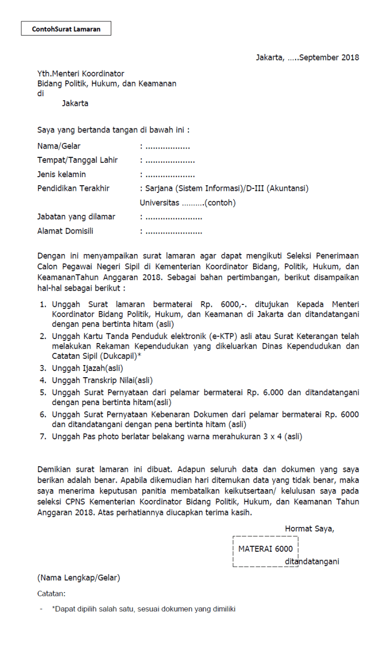 Contoh Surat Lamaran Cpns Purworejo 2019