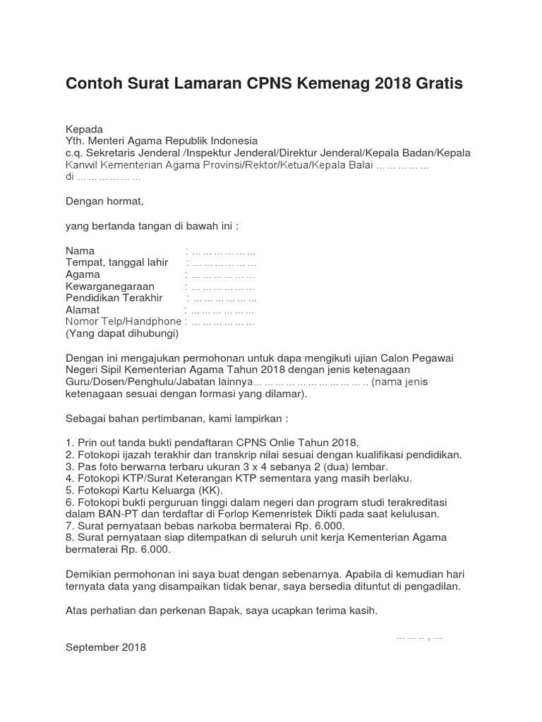 Contoh Surat Lamaran Cpns Untuk Kementerian Agama
