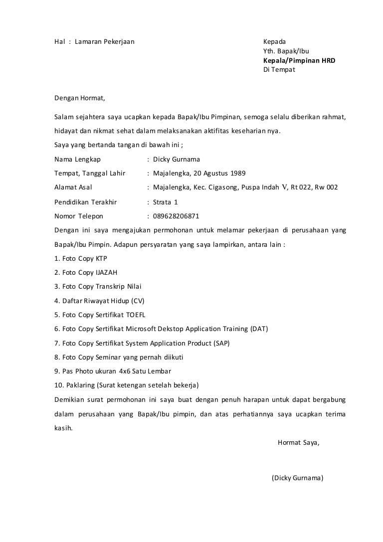 Contoh Surat Lamaran Cv Bahasa Indonesia