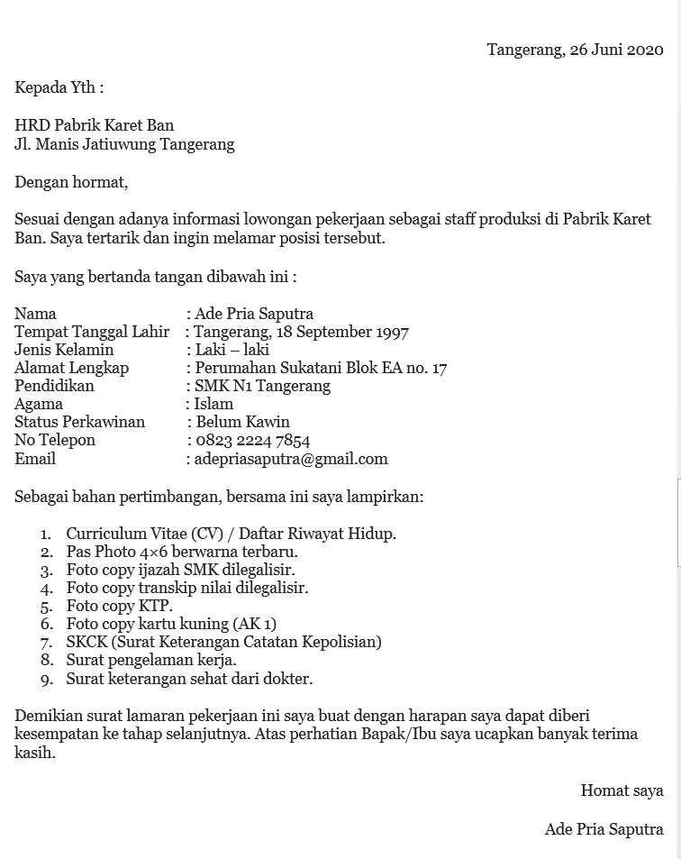 Contoh Surat Lamaran Daftar Kerja Cpns Smk