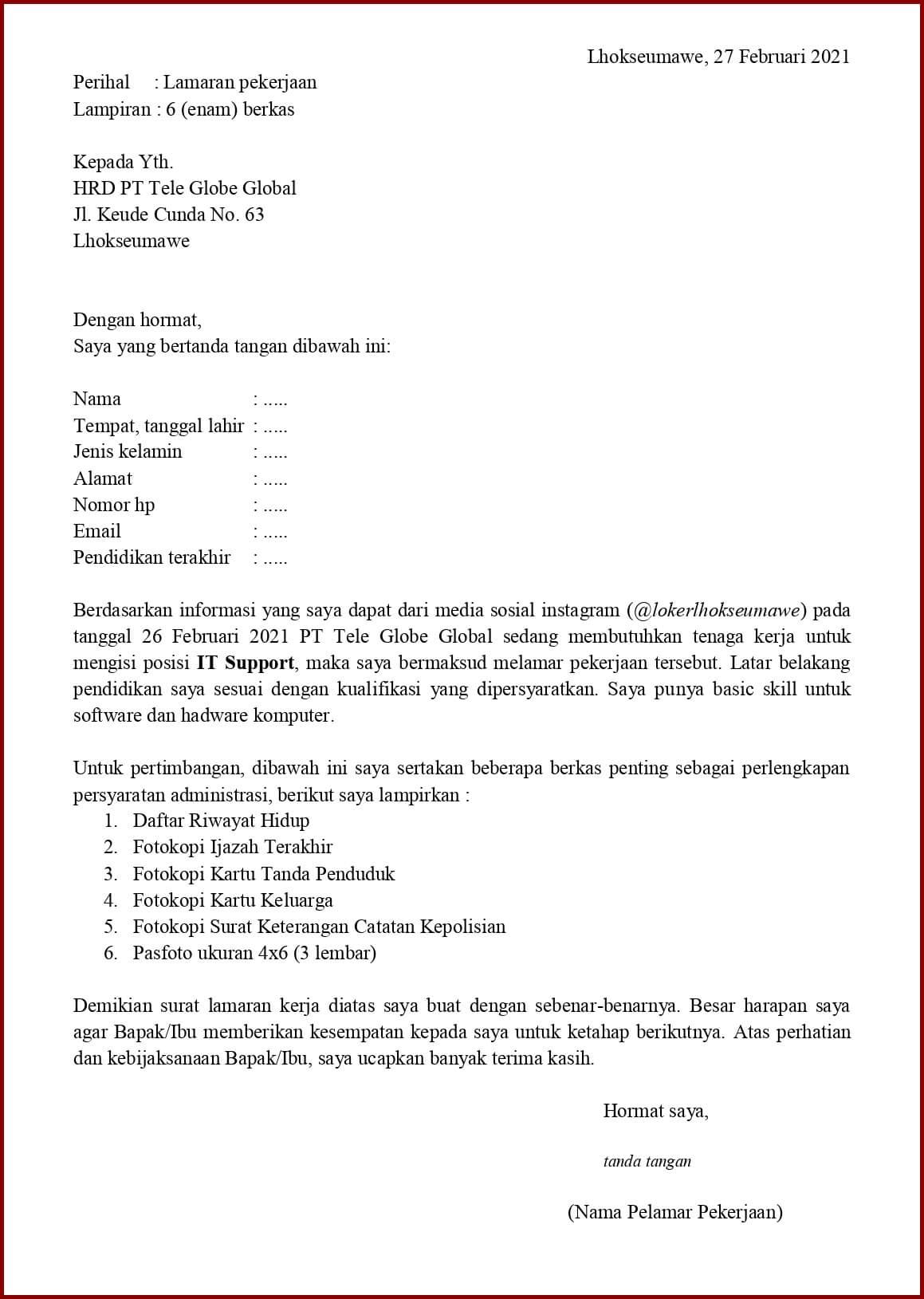 Contoh Surat Lamaran Dari Indeed