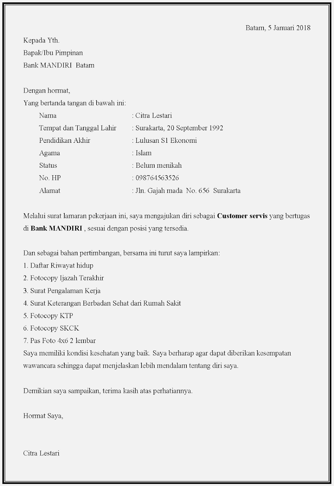 Contoh Surat Lamaran Di Bank Mandiri Malang