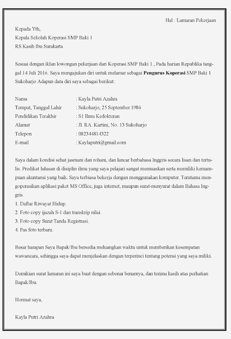 Contoh Surat Lamaran Di Budiwijaya