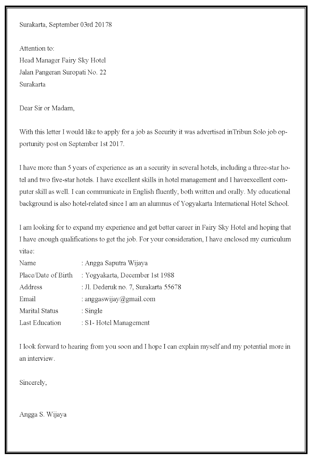 Contoh Surat Lamaran Di Hotel Dengan Bahasa Inggris