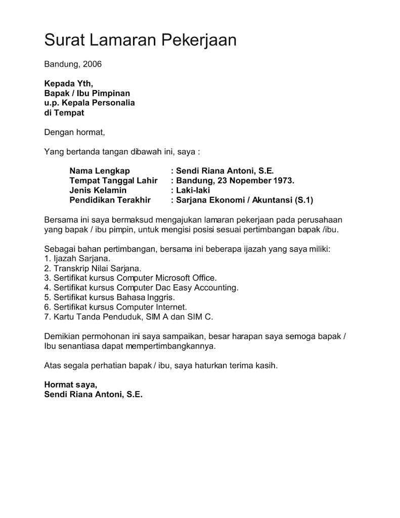 Contoh Surat Lamaran Di Job Faur Dalam Bahasa Inggris