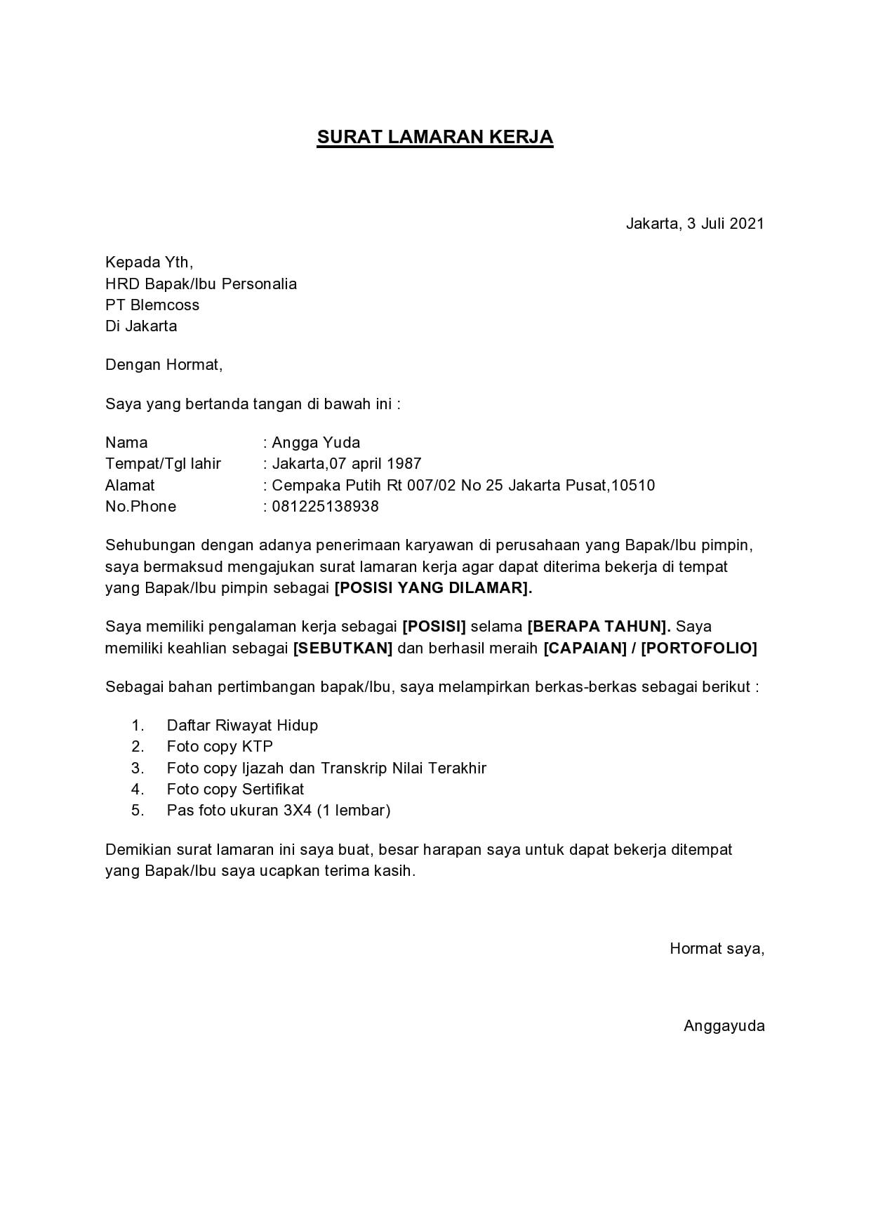 Contoh Surat Lamaran Di Perusahaan Bumn