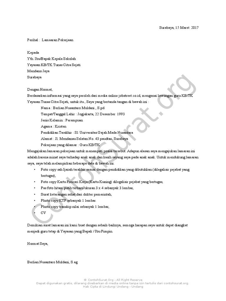 Contoh Surat Lamaran Di Sekolah Yayasan