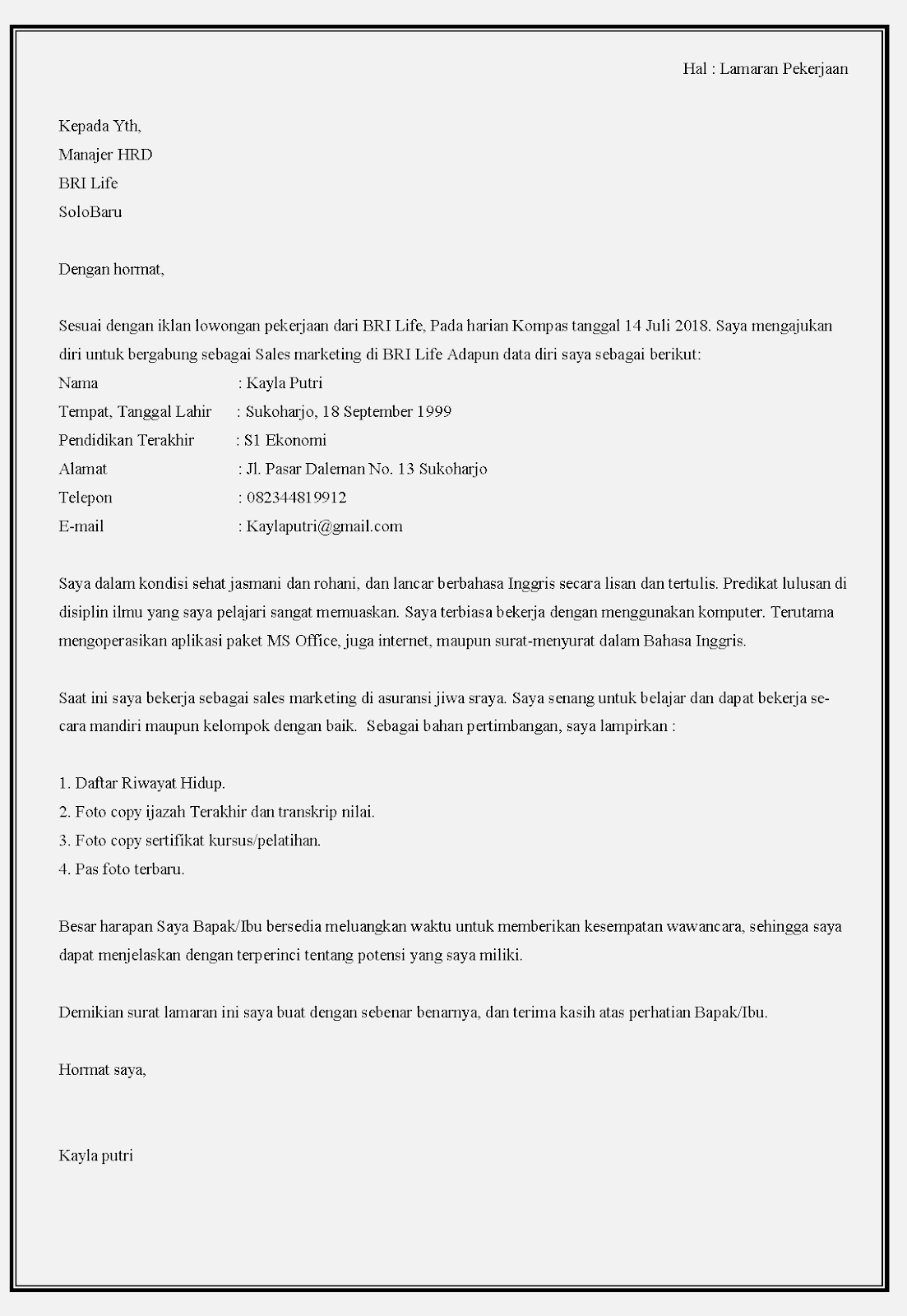 Contoh Surat Lamaran Ditujukan Ke Human Capital