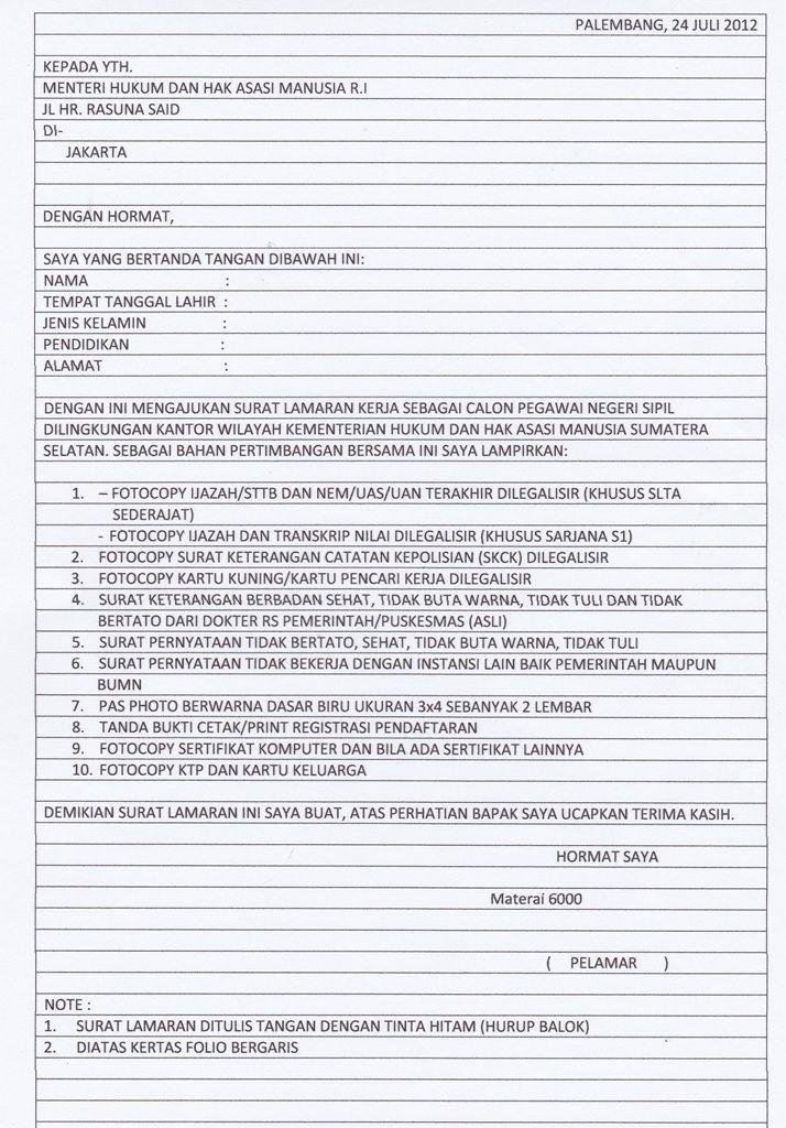 Contoh Surat Lamaran Ditulis Tangan Cpns