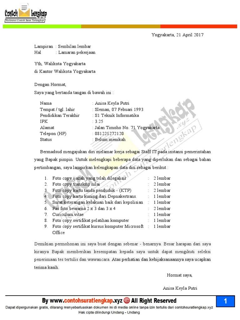 Contoh Surat Lamaran Ditunjukan Kepada Walikota