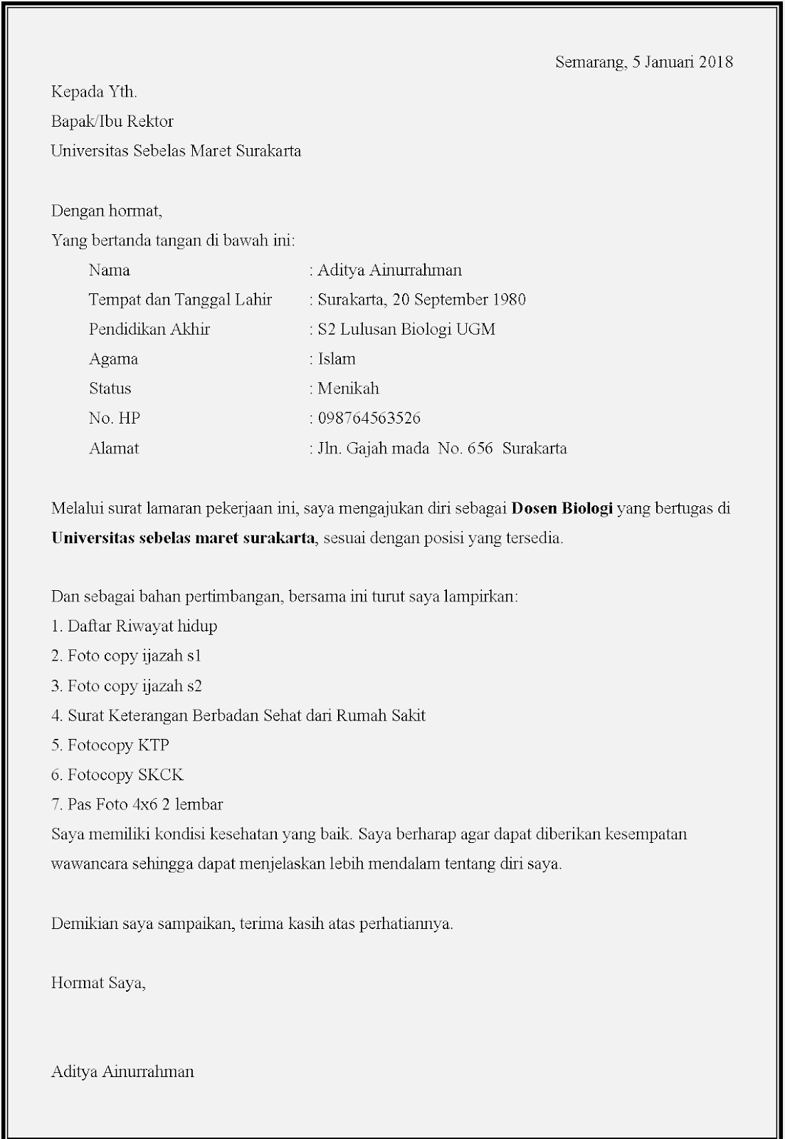 Contoh Surat Lamaran Dosen 2019