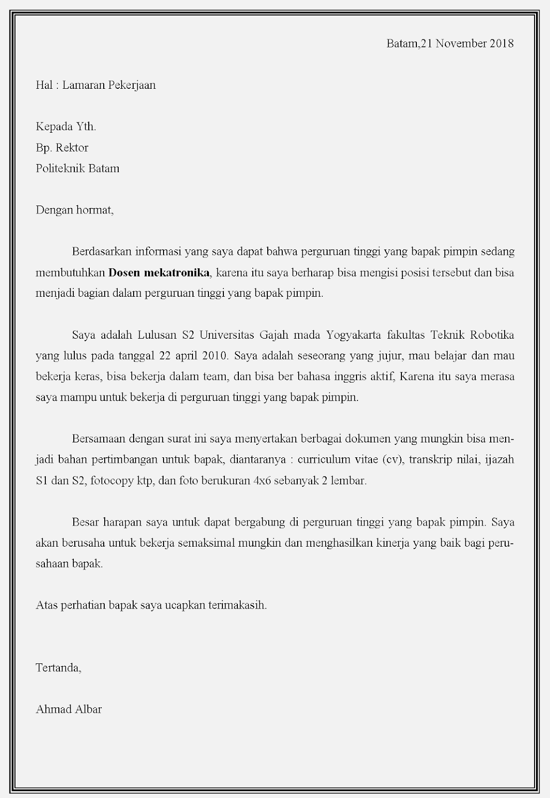 Contoh Surat Lamaran Dosen Bahasa Inggris