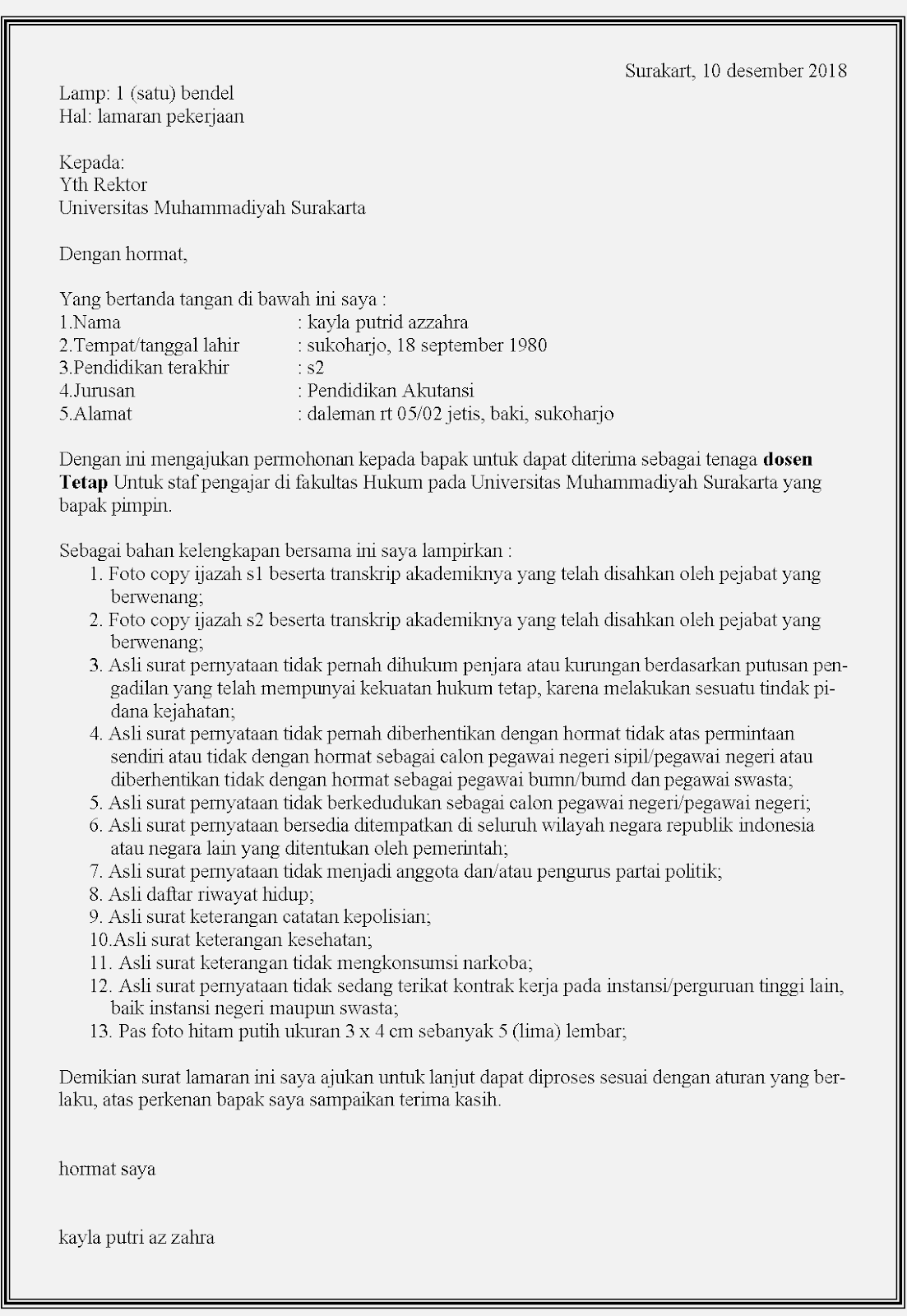 Contoh Surat Lamaran Dosen Bhs Inggris