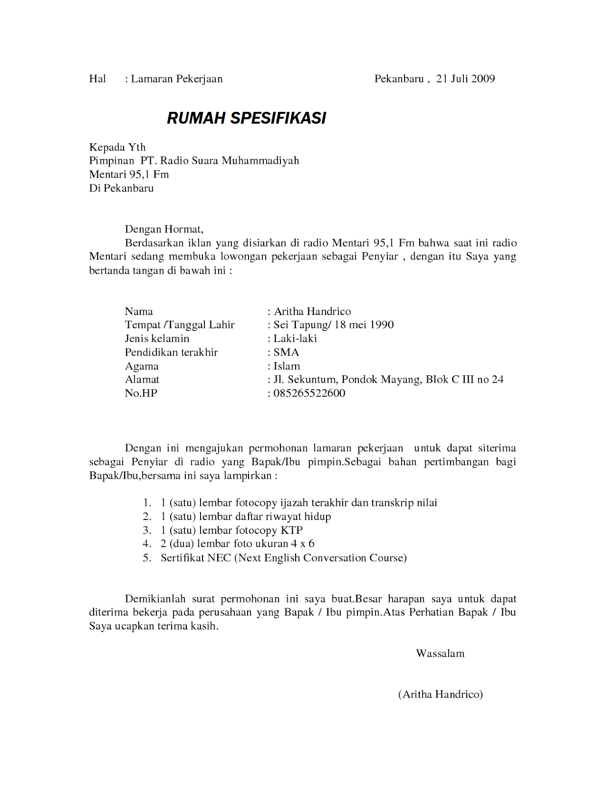 Contoh Surat Lamaran Honorer Ke Pemkot