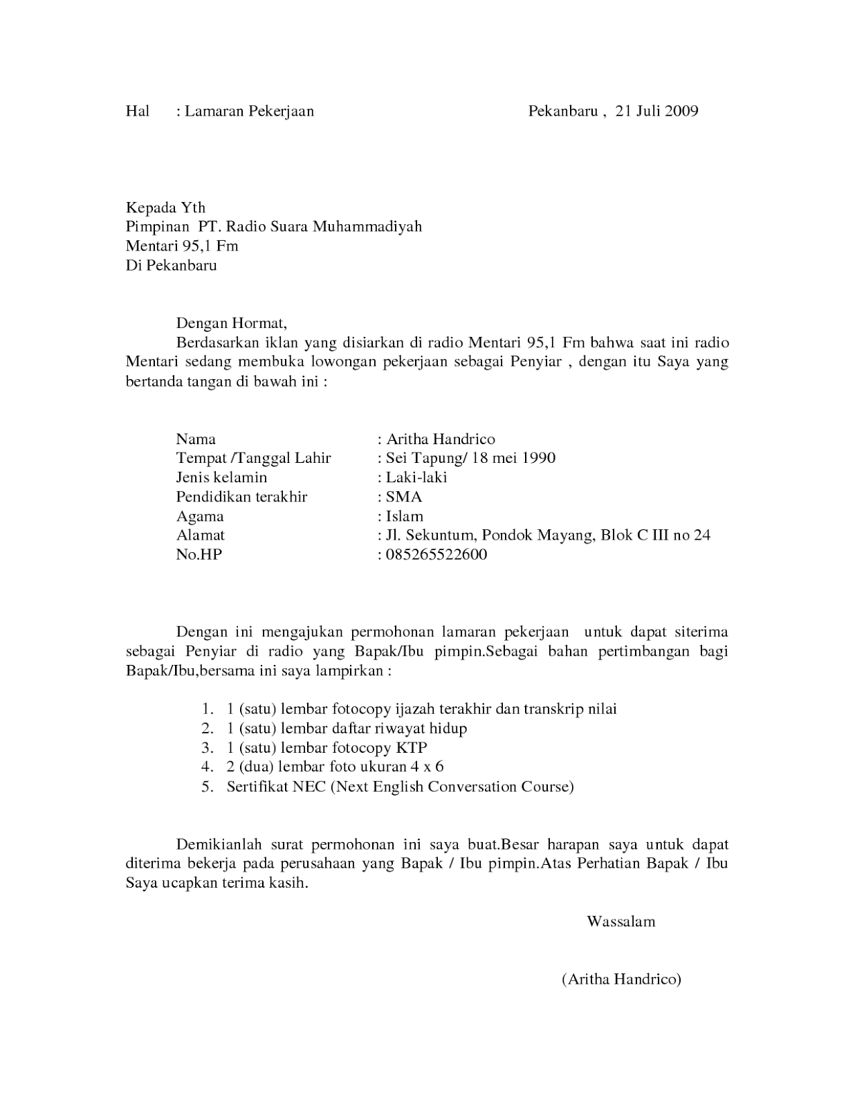 Contoh Surat Lamaran Industri Pangan