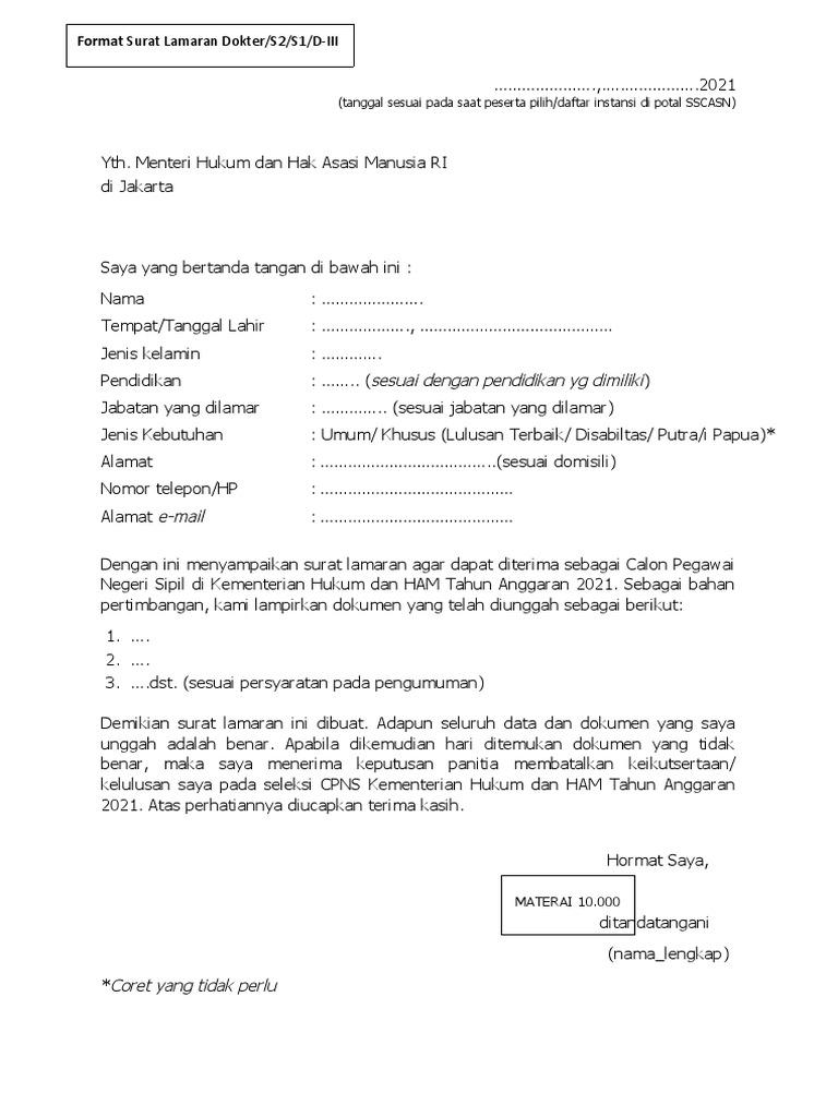 Contoh Surat Lamaran Instansi Cpns Pendidikan S1