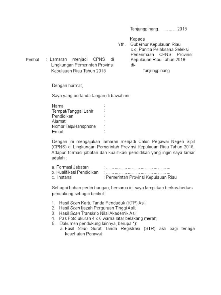 Contoh Surat Lamaran Instansi Cpns Tanjungpinang