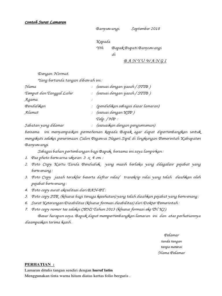 Contoh Surat Lamaran Ke Bupati Cpns