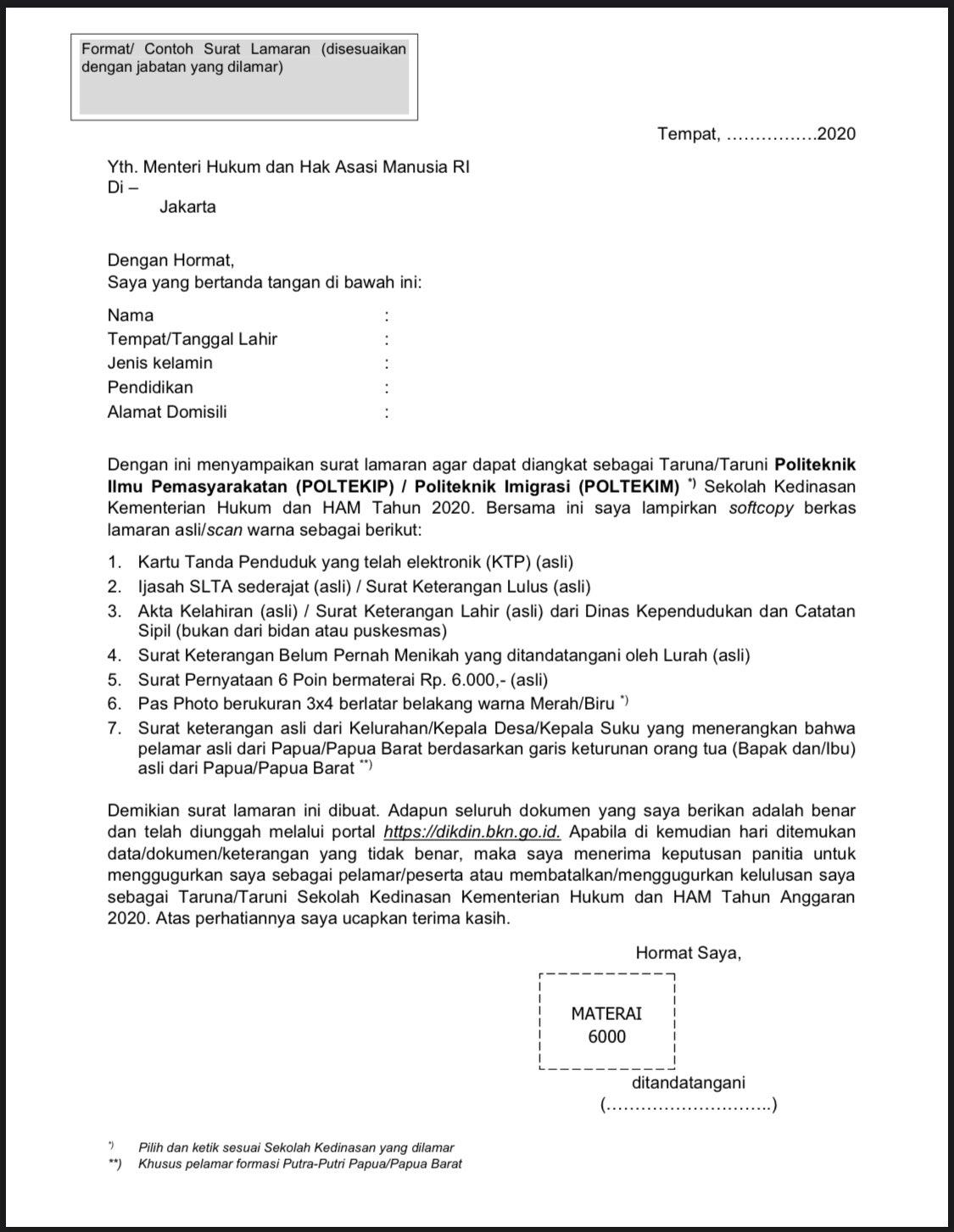 Contoh Surat Lamaran Ke Poltekip
