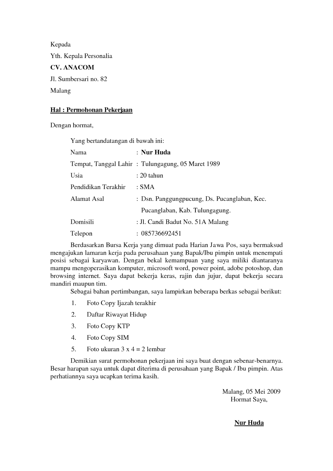 Contoh Surat Lamaran Ke Satker Snvt