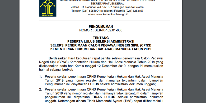 Contoh Surat Lamaran Kemenkumham Cpns 2019 Kanwil Jawa Barat