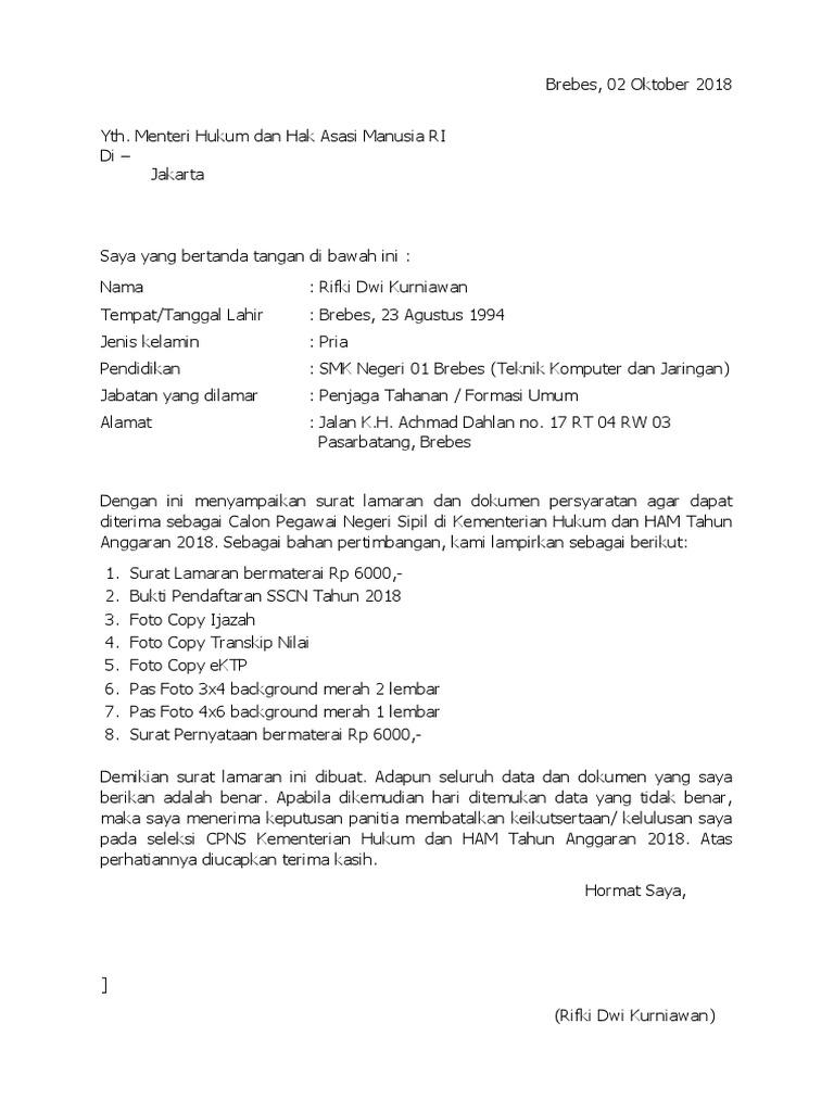 Contoh Surat Lamaran Kemenkumham Untuk Slta Sederajat