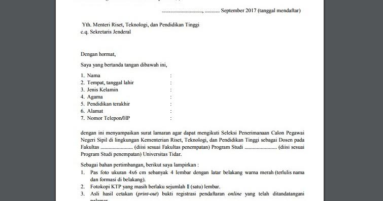 Contoh Surat Lamaran Kemenristek Cpns