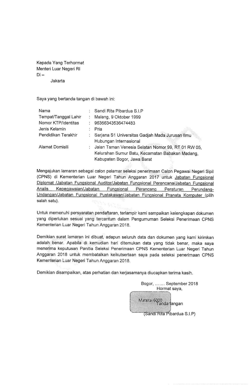Contoh Surat Lamaran Kementerian Ketenagakerjaan Cpns 2018