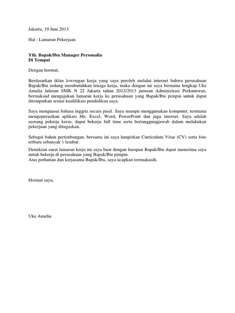 Contoh Surat Lamaran Kerja Administration Bahasa Inggris