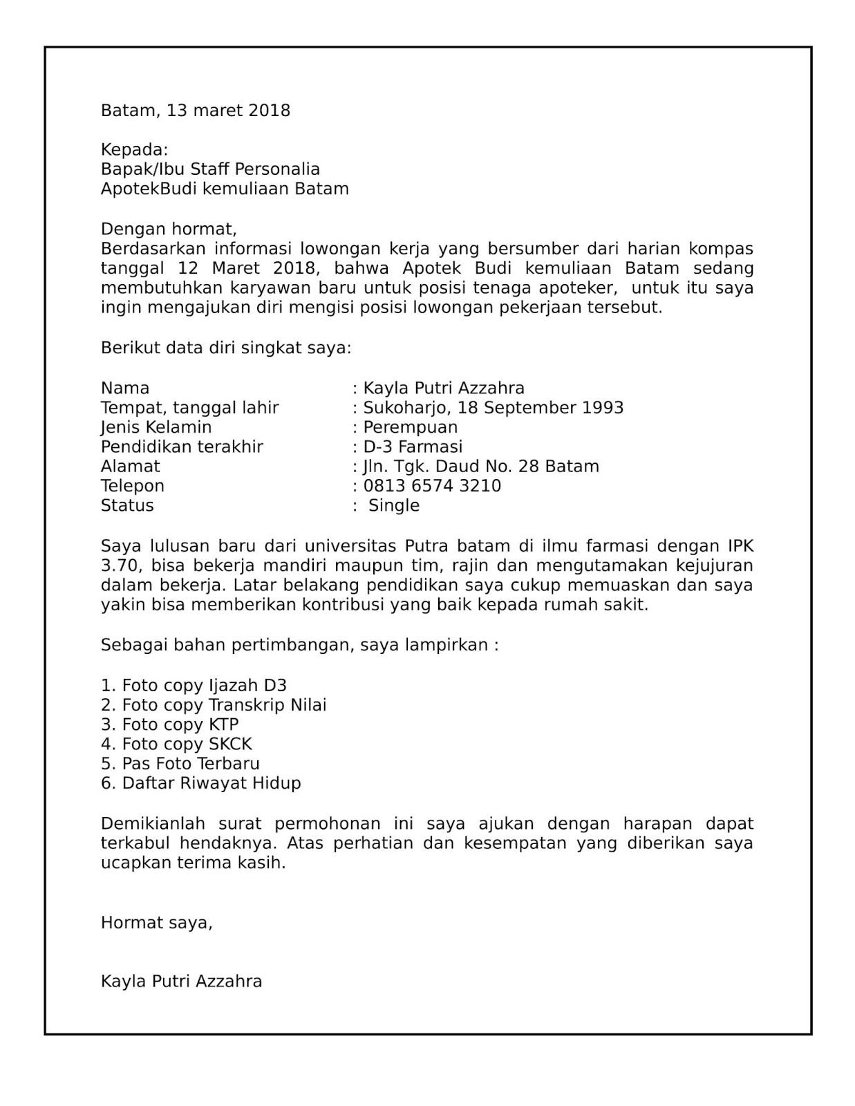 Contoh Surat Lamaran Kerja Apoteker Bahasa Inggris