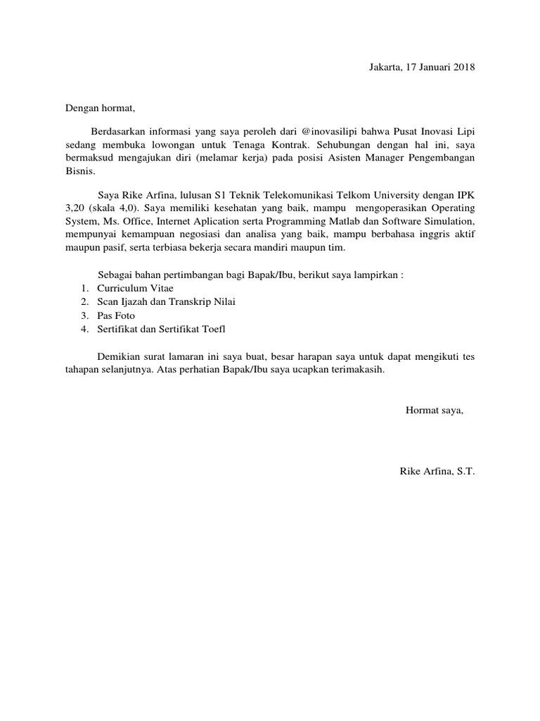Contoh Surat Lamaran Kerja Asisten Manager