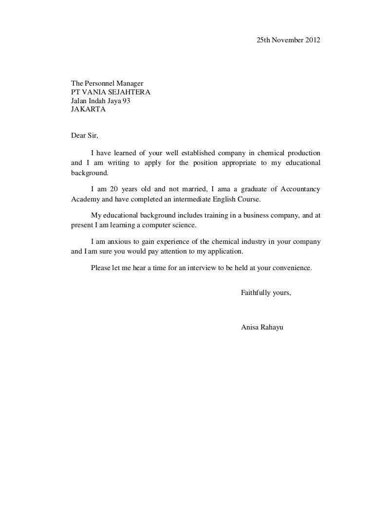 Contoh Surat Lamaran Kerja Bahasa Inggria
