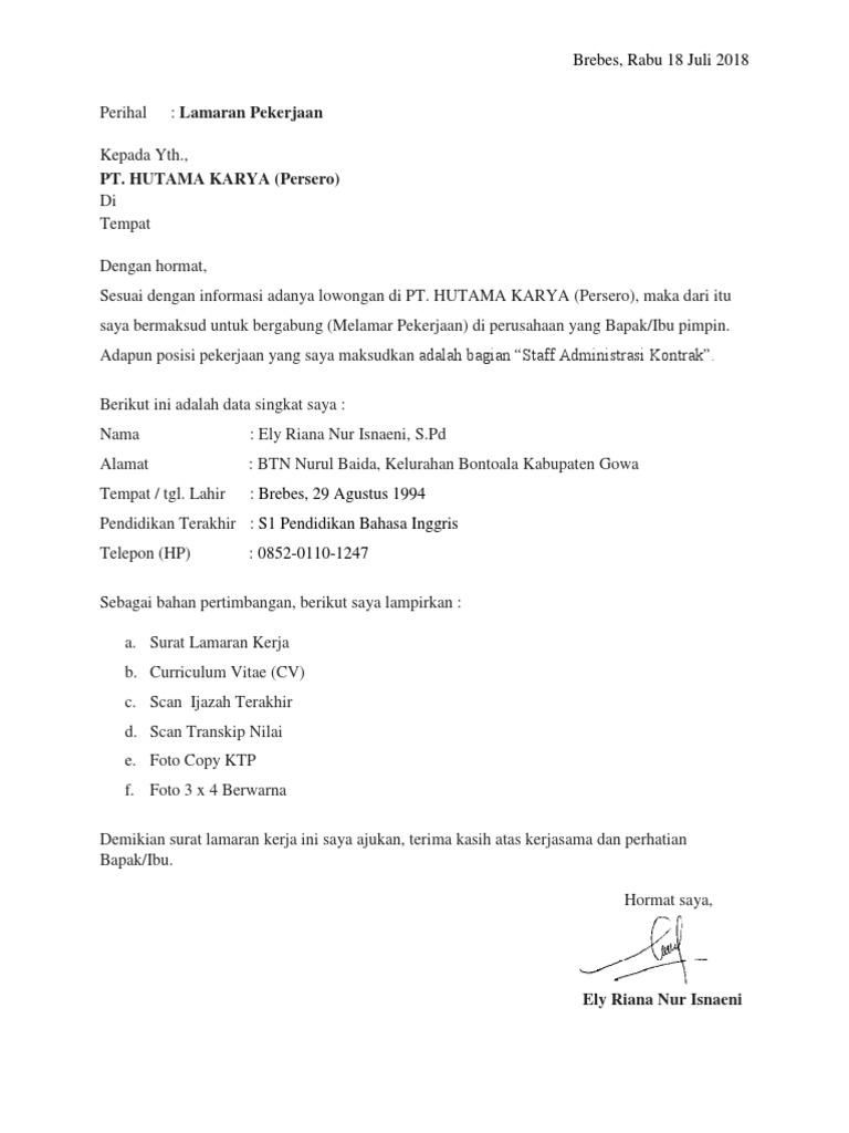 Contoh Surat Lamaran Kerja Bahasa Inggris Staff Administrasi