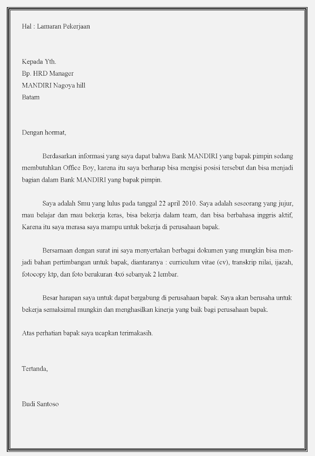 Contoh Surat Lamaran Kerja Bank Btpn Terbaru  Surat Lamaran Kerja