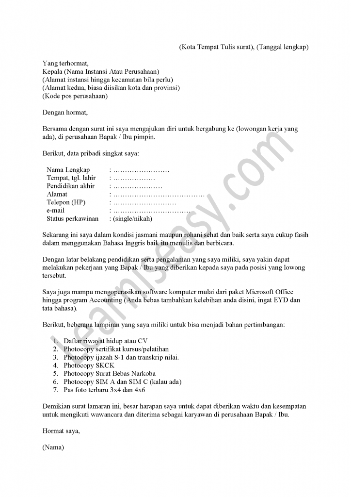 Contoh Surat Lamaran Kerja Bank Sulut