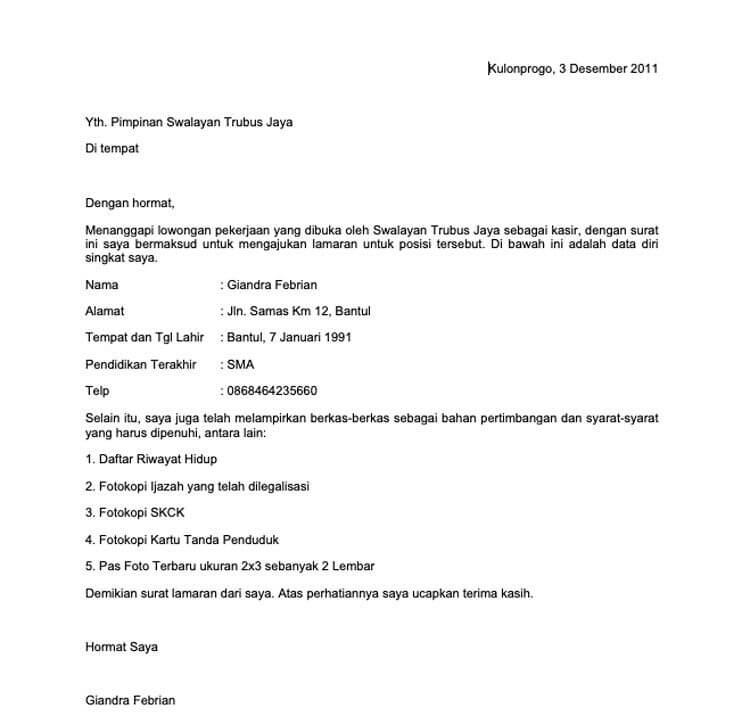 Contoh Surat Lamaran Kerja Bar Tender