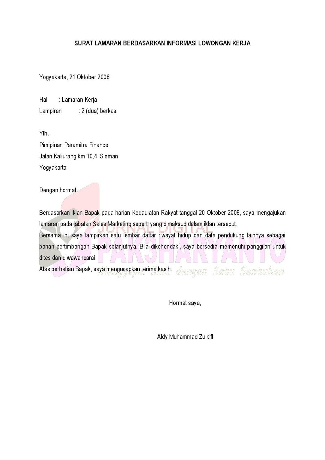 Contoh Surat Lamaran Kerja Berdasarkan Inisiatif Dan Iklan