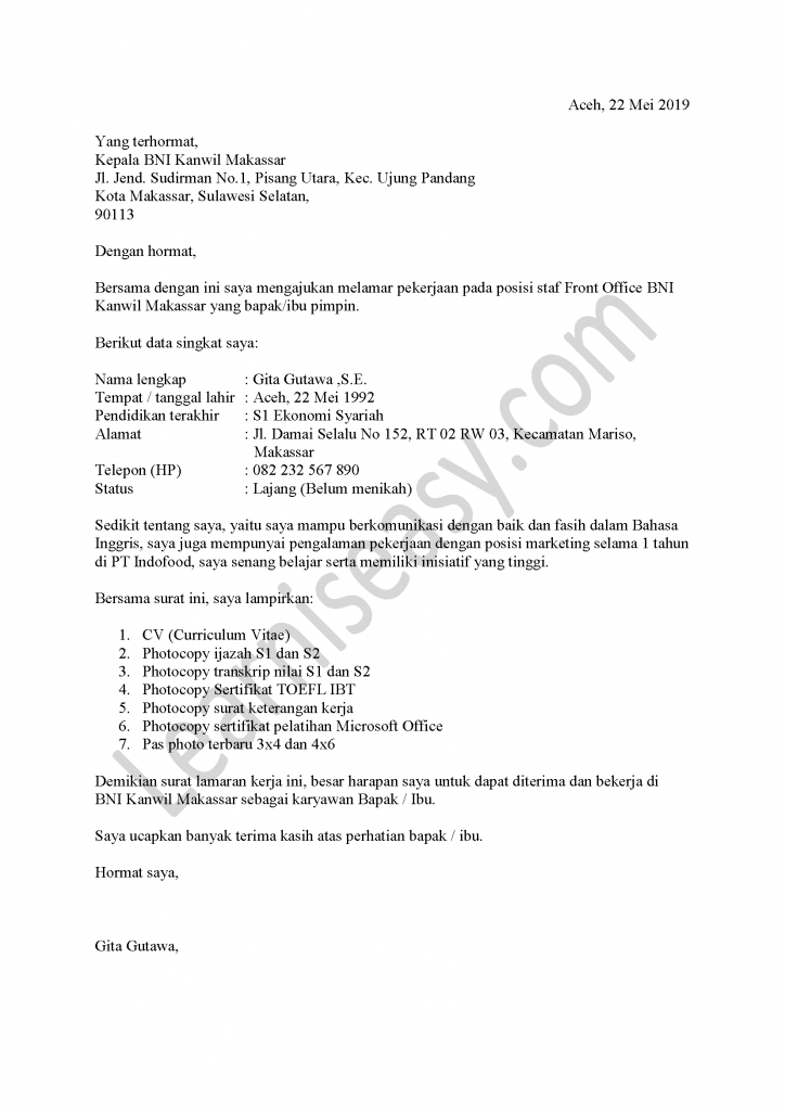 Contoh Surat Lamaran Kerja Bidan 2019