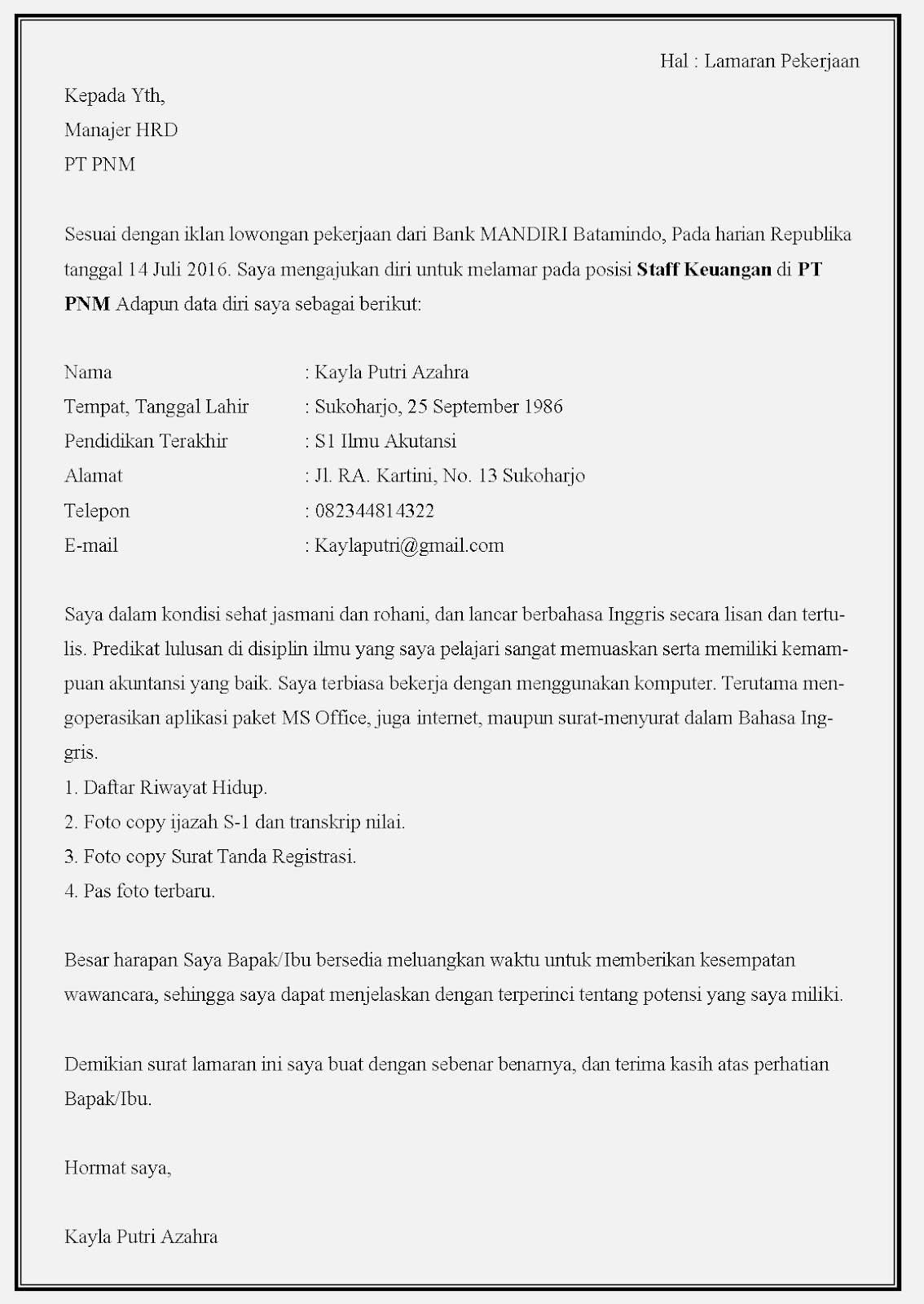 Contoh Surat Lamaran Kerja Bum