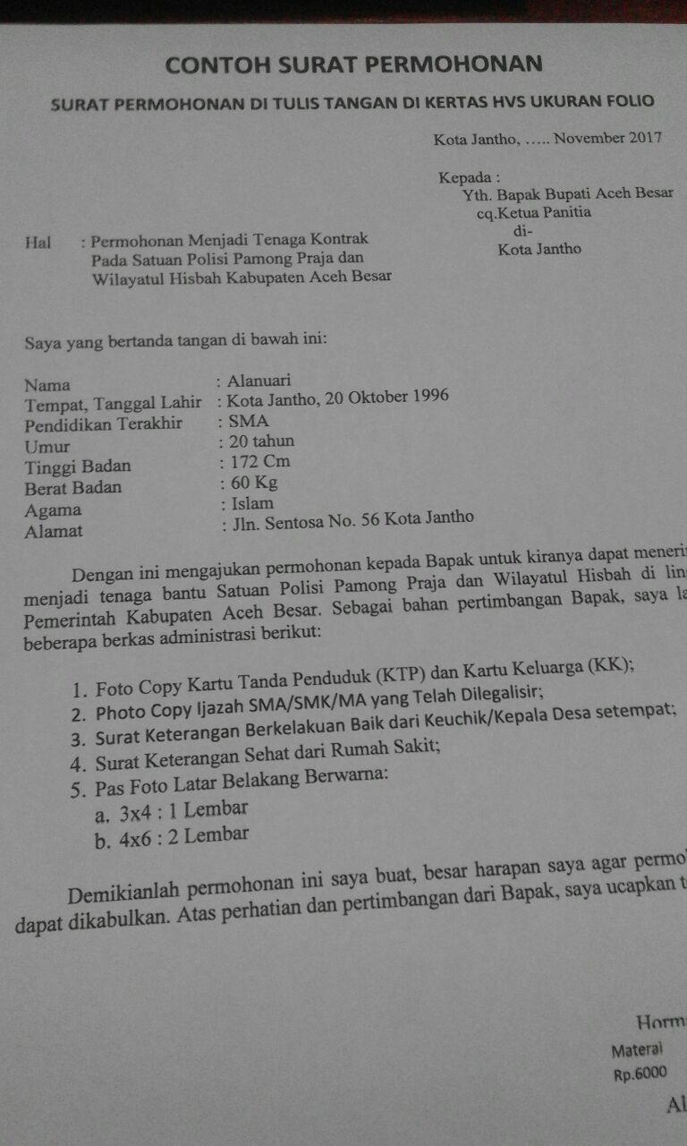 Contoh Surat Lamaran Kerja Cpns 2019 Banda Aceh