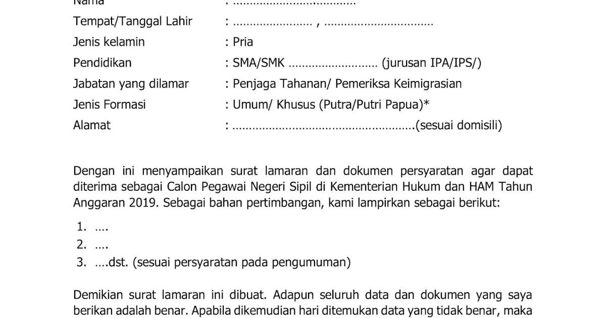 Contoh Surat Lamaran Kerja Cpns Kemenkumham 2017 Medan Jurusan Komputer